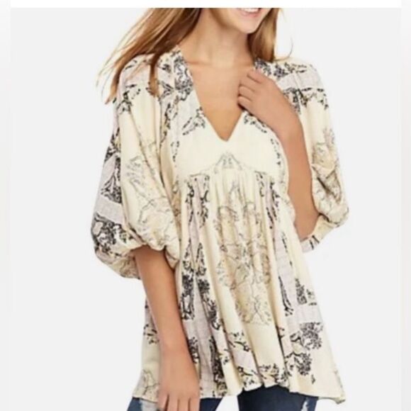 Free People oversized ivory boho empire waist flowy tunic top w/ pockets size XS - Picture 2 of 13